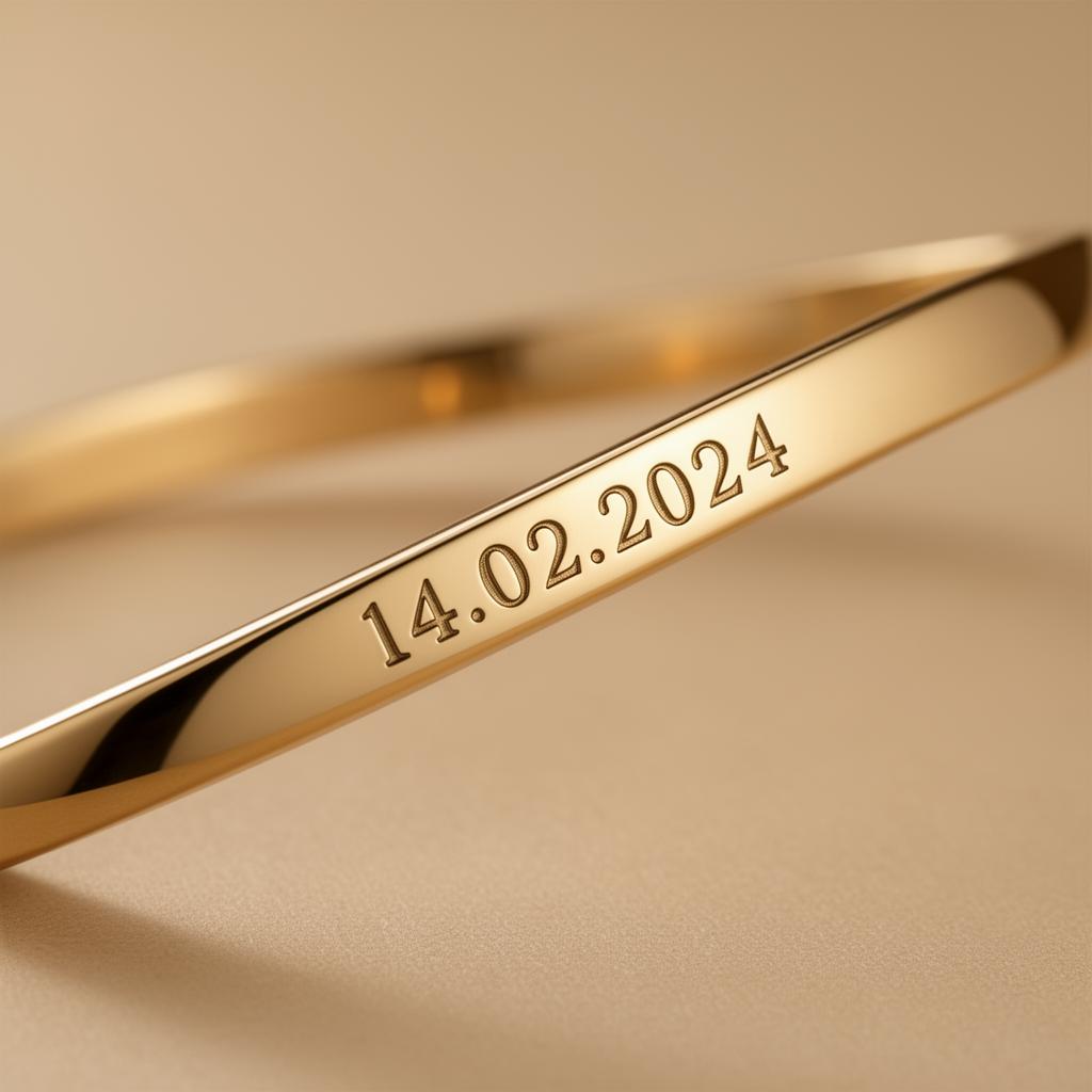 Gold bangle engraved with anniversary date 14.02.2024
