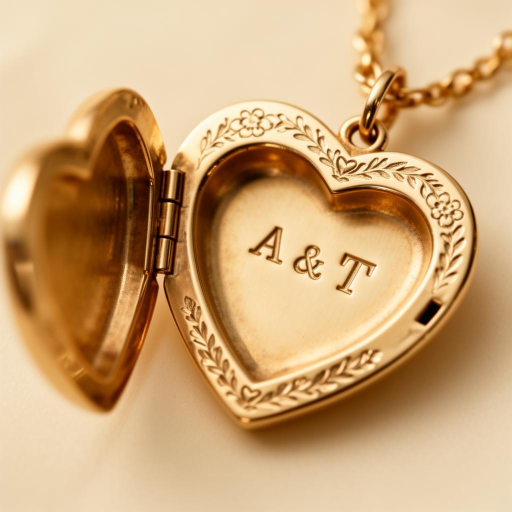 Open gold heart locket engraved with initials 'A & T'