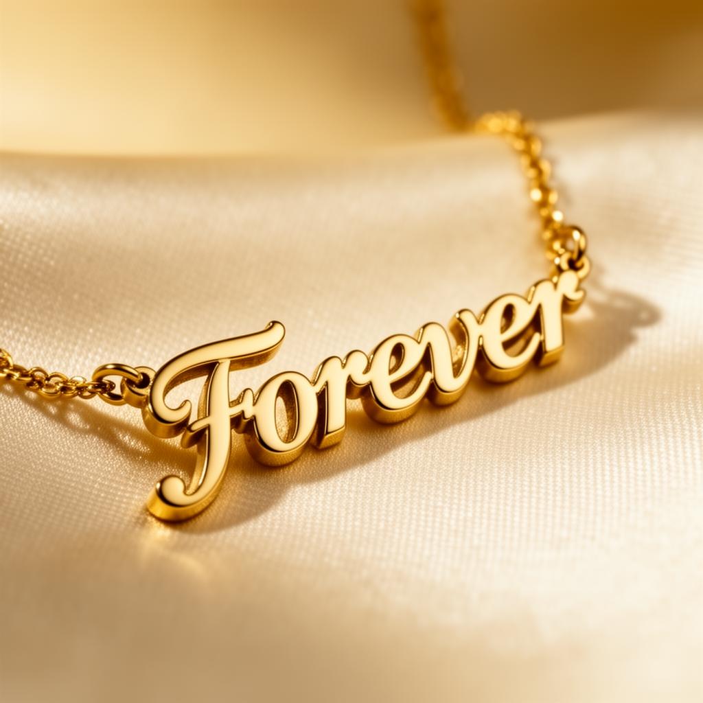 Gold nameplate necklace engraved with the word 'Forever'