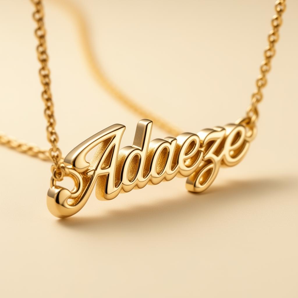 Gold name necklace engraved with 'Adaeze' in flowing script
