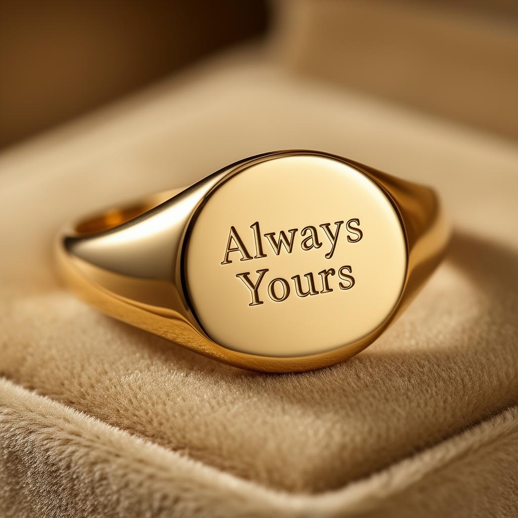Gold signet ring engraved with the message 'Always Yours'
